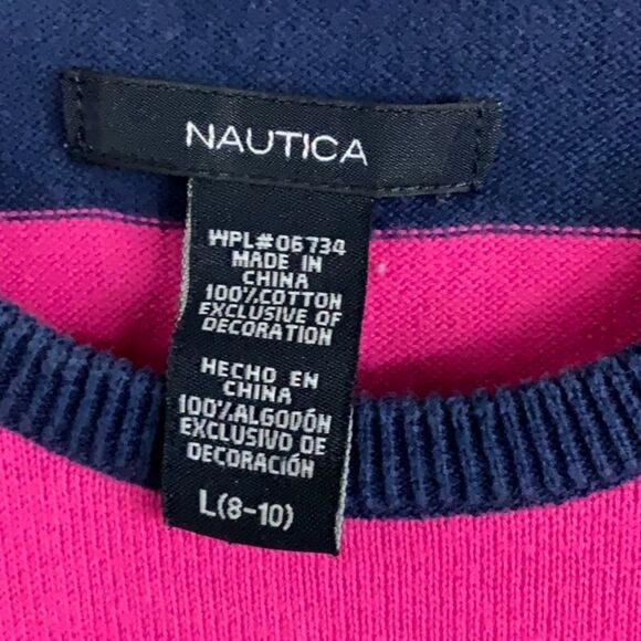 Nautica Girls Sweater Dress Large 8/10 Navy Wide Stripe Short Sleeve Cozy Winter - Picture 2 of 6